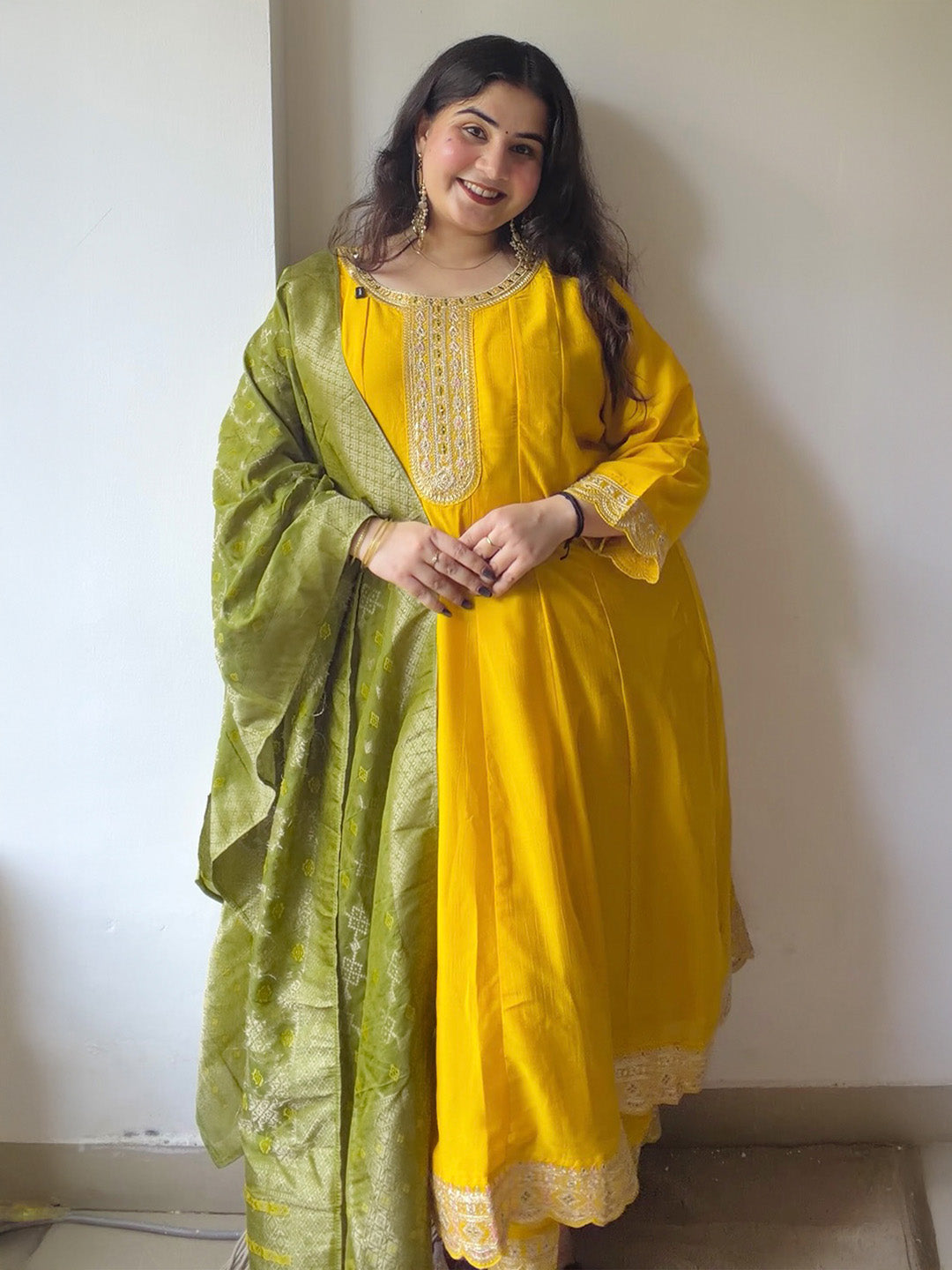 Janasya Women's Plus Size Yellow Silk Blend Yoke Embroidered Embellished Anarkali Kurta Set