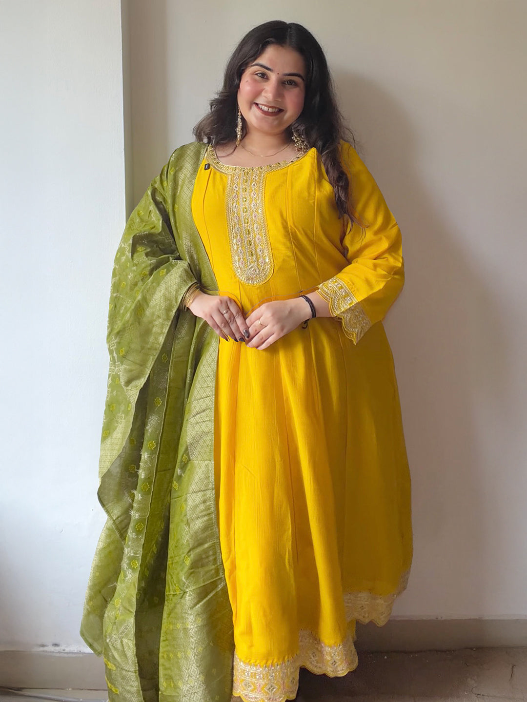 Janasya Women's Plus Size Yellow Silk Blend Yoke Embroidered Embellished Anarkali Kurta Set