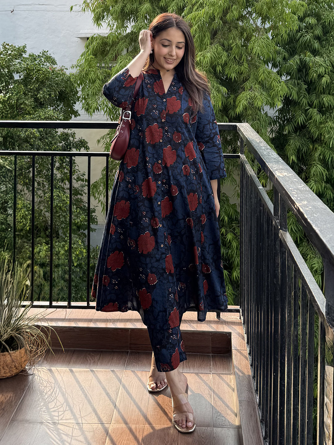 Navy Blue Pure Cotton Floral Printed A-line Kurta Pant Set