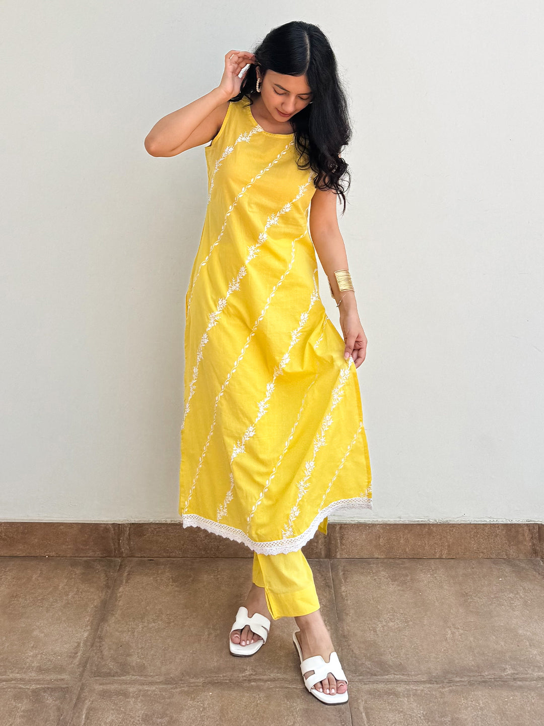 Yellow Pure Cotton Embroidered Straight Kurta Pant Set