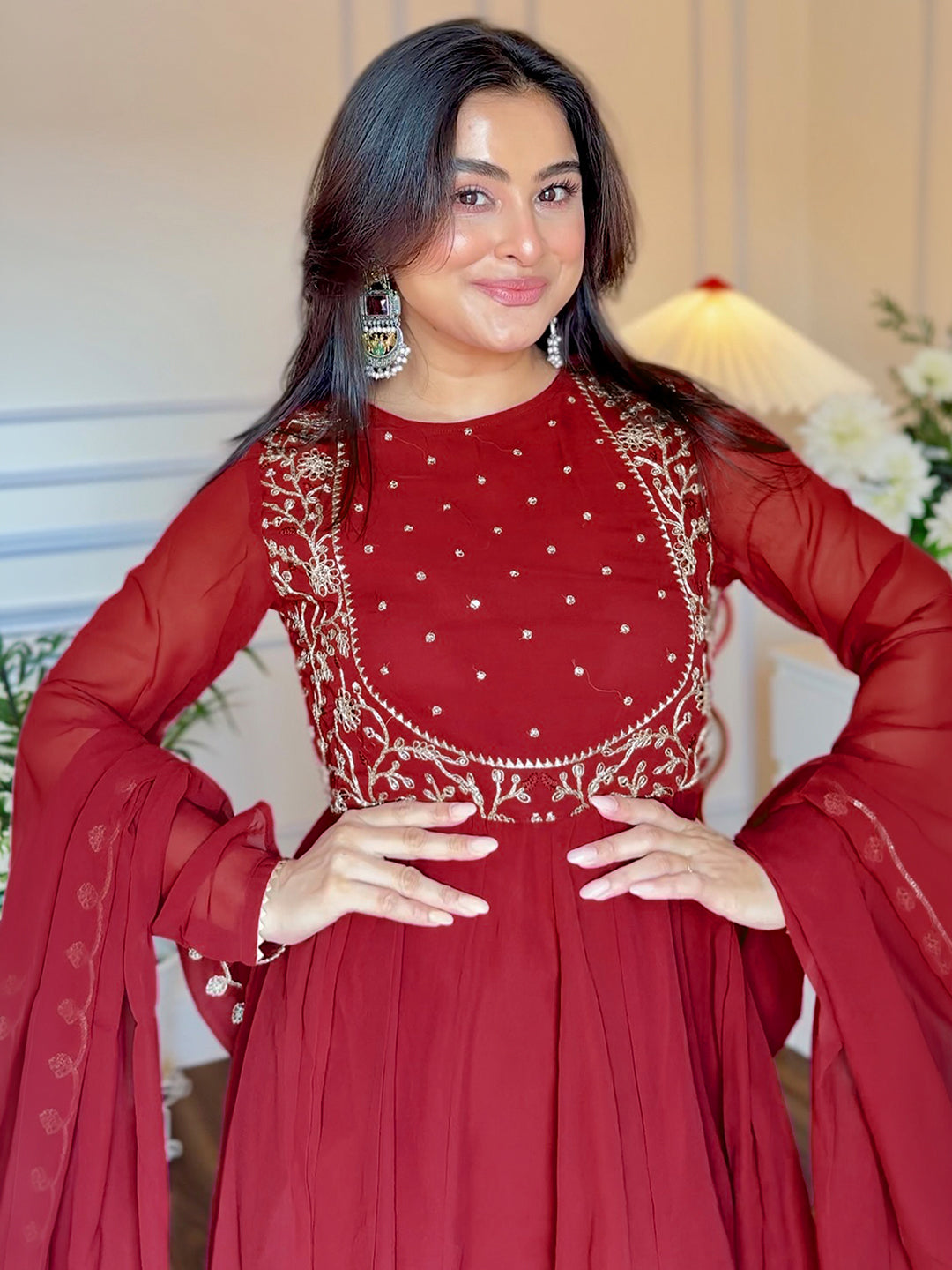Maroon Georgette Embroidered Anarkali Kurta Set