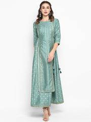Green Rayon Crepe Foil Print Flared Ethnic Dress Green Rayon Crepe Foil Print Flared Ethnic Dress