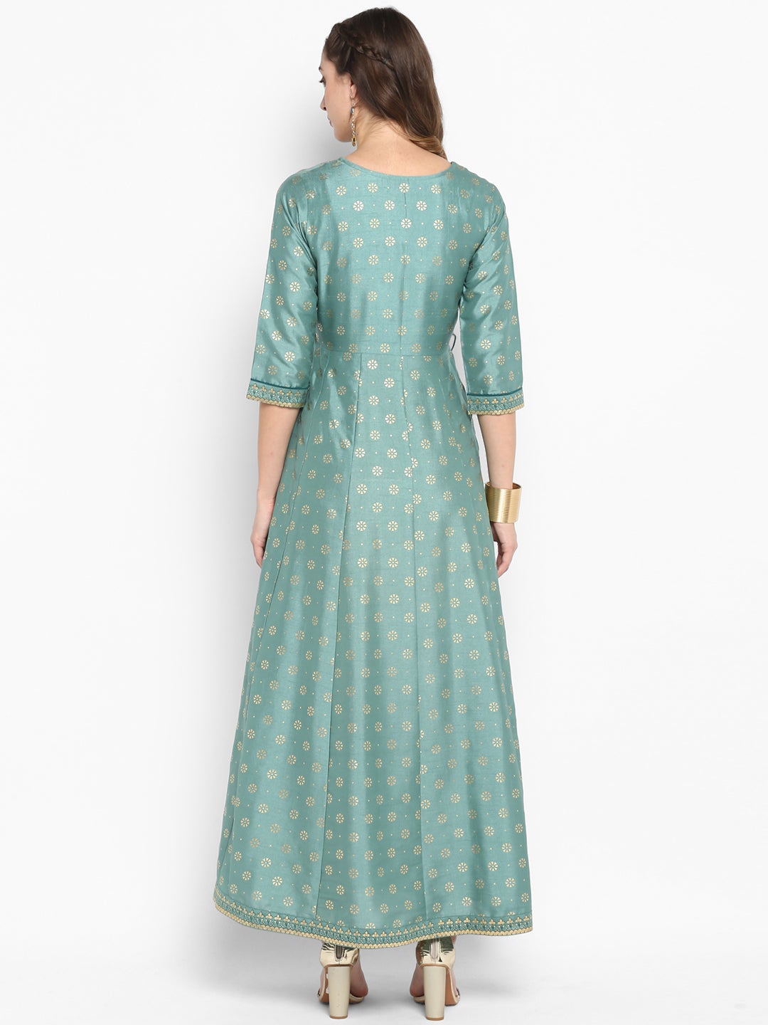 Green Rayon Crepe Foil Print Flared Ethnic Dress Green Rayon Crepe Foil Print Flared Ethnic Dress