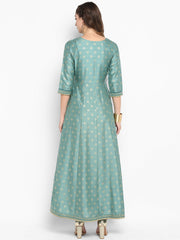 Green Rayon Crepe Foil Print Flared Ethnic Dress Green Rayon Crepe Foil Print Flared Ethnic Dress