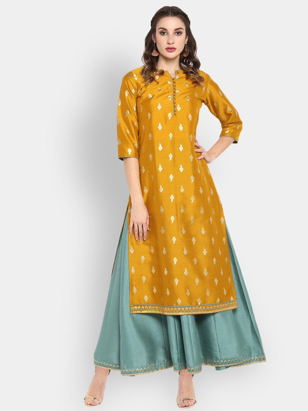 Janasya Women's Mustard Silk Blend Foil Printed Anarkali Ethnic Dress