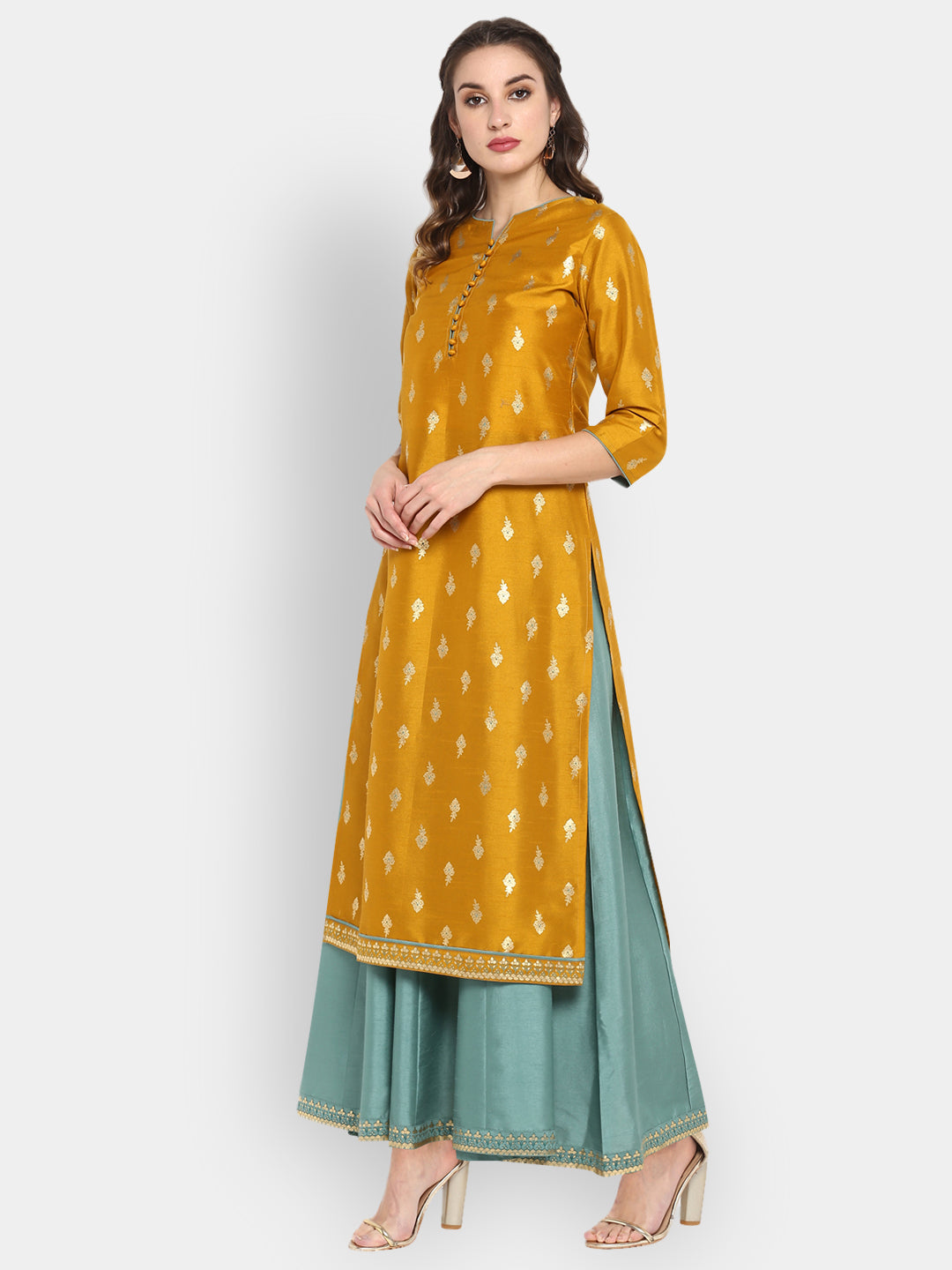 Janasya Women's Mustard Silk Blend Foil Printed Anarkali Ethnic Dress