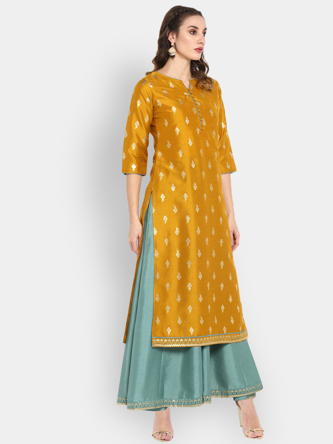 Janasya Women's Mustard Silk Blend Foil Printed Anarkali Ethnic Dress