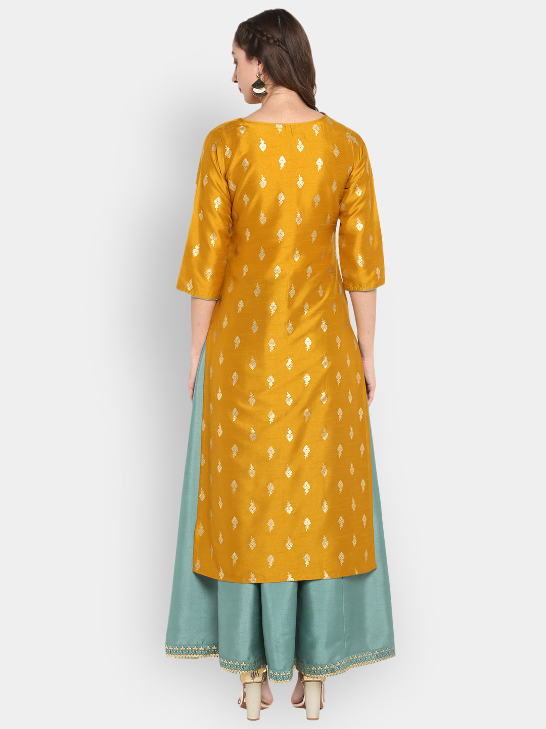 Janasya Women's Mustard Silk Blend Foil Printed Anarkali Ethnic Dress