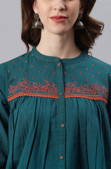 Teal Cotton Flex Embroidered Regular Top