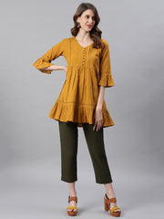Mustard Cotton Flex Embellished Gathered Tunic Mustard Cotton Flex Embellished Gathered Tunic