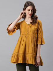 Mustard Cotton Flex Embellished Gathered Tunic Mustard Cotton Flex Embellished Gathered Tunic