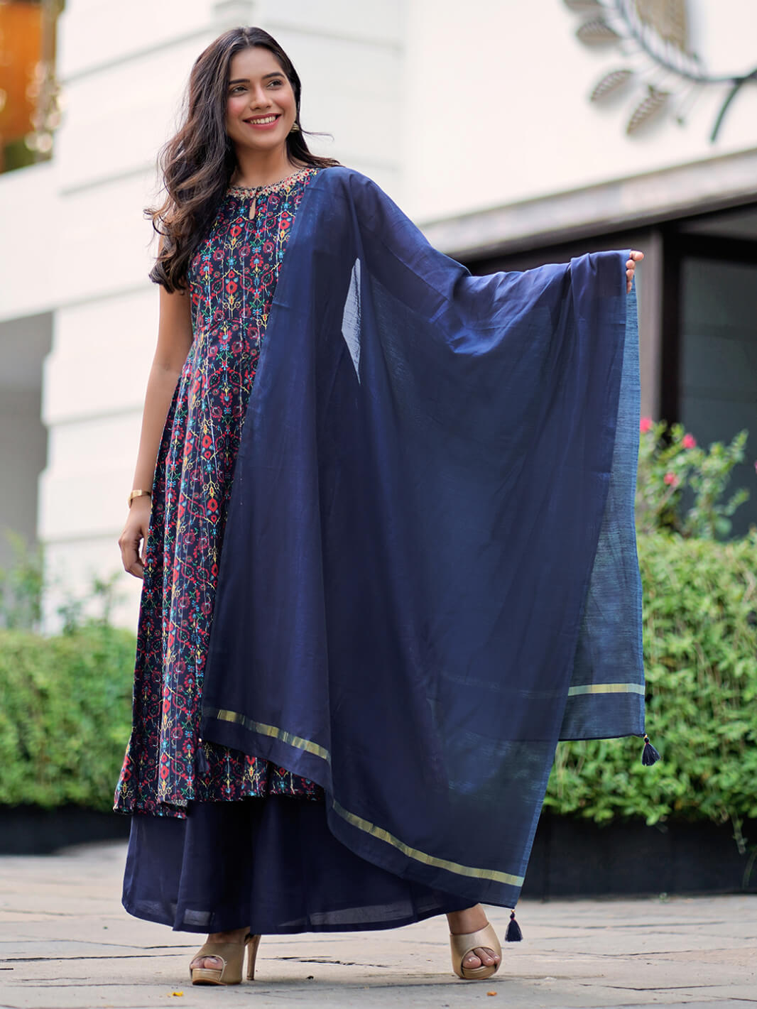 Blue Poly Muslin Embroidered Kurta with Palazzo and Dupatta