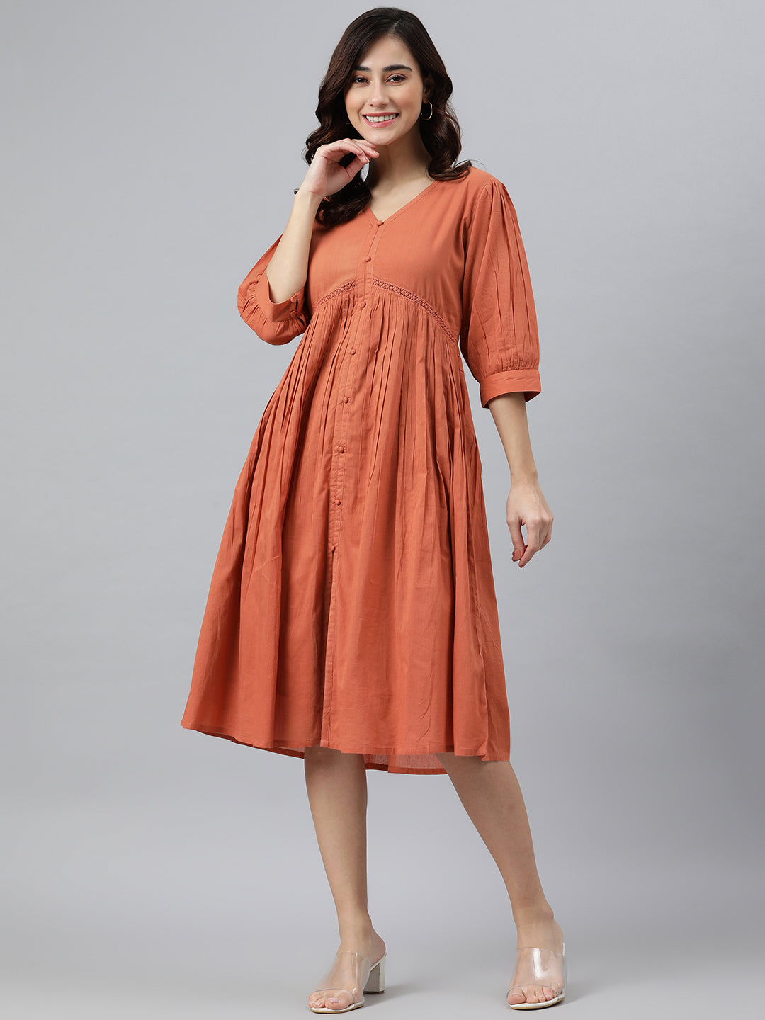 Janasya Women's Coral Orange Cotton Solid Flared Dress