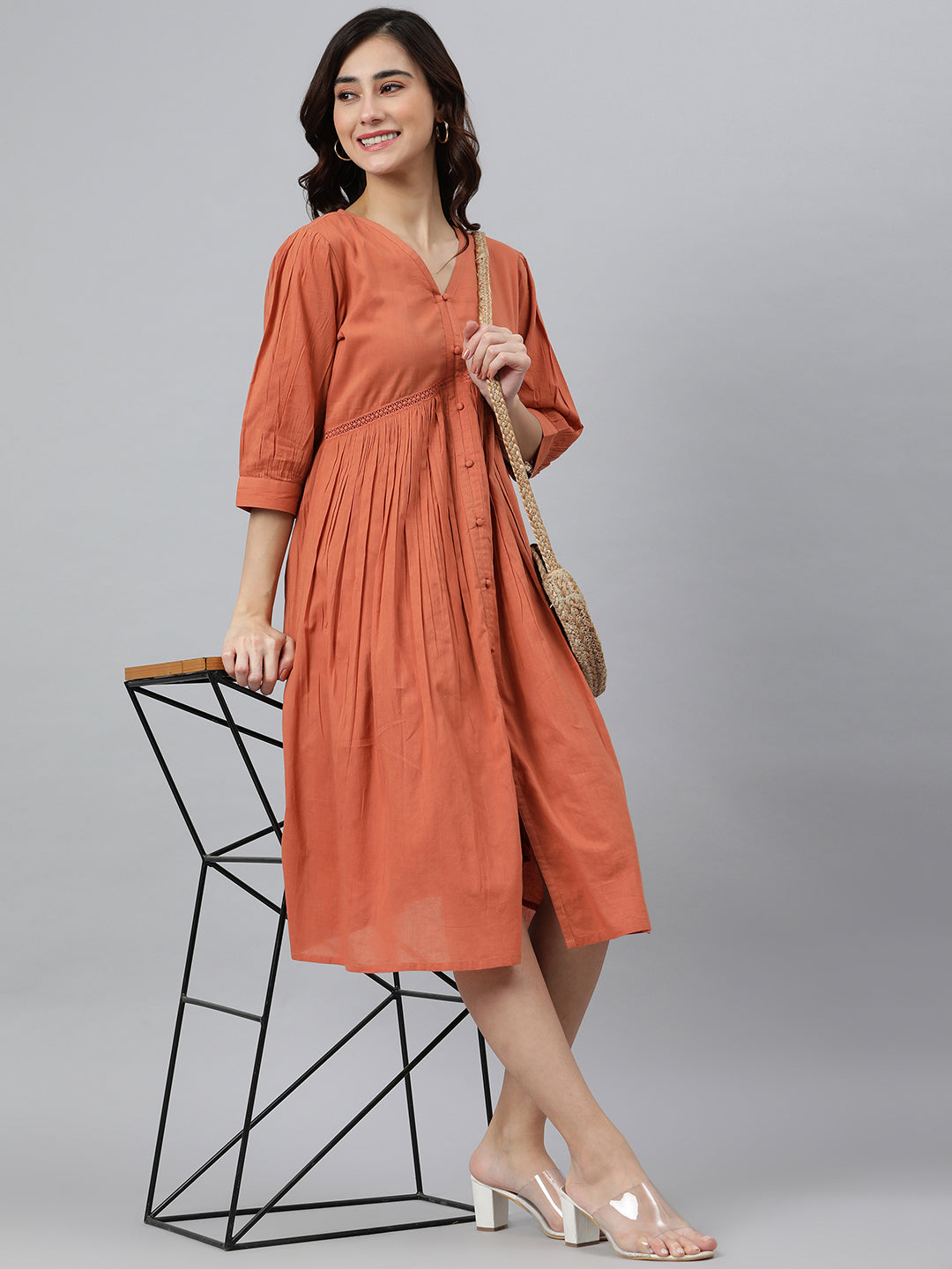 Janasya Women's Coral Orange Cotton Solid Flared Dress