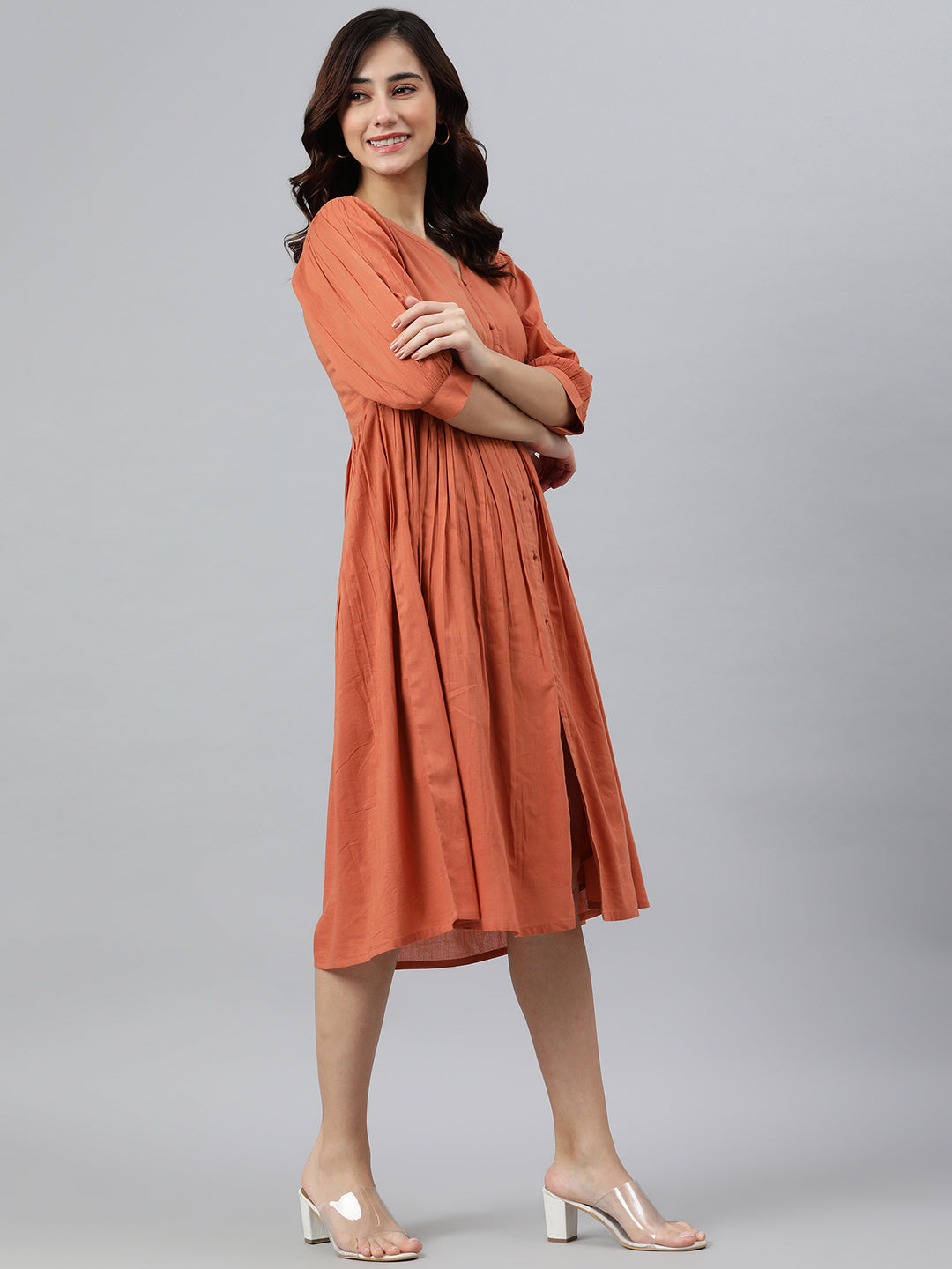 Janasya Women's Coral Orange Cotton Solid Flared Dress