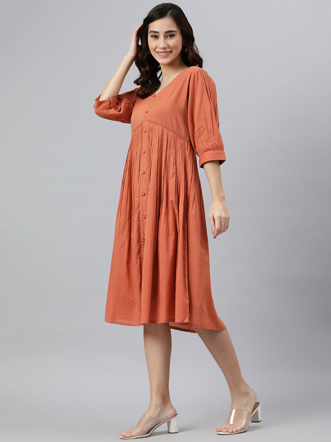 Janasya Women's Coral Orange Cotton Solid Flared Dress