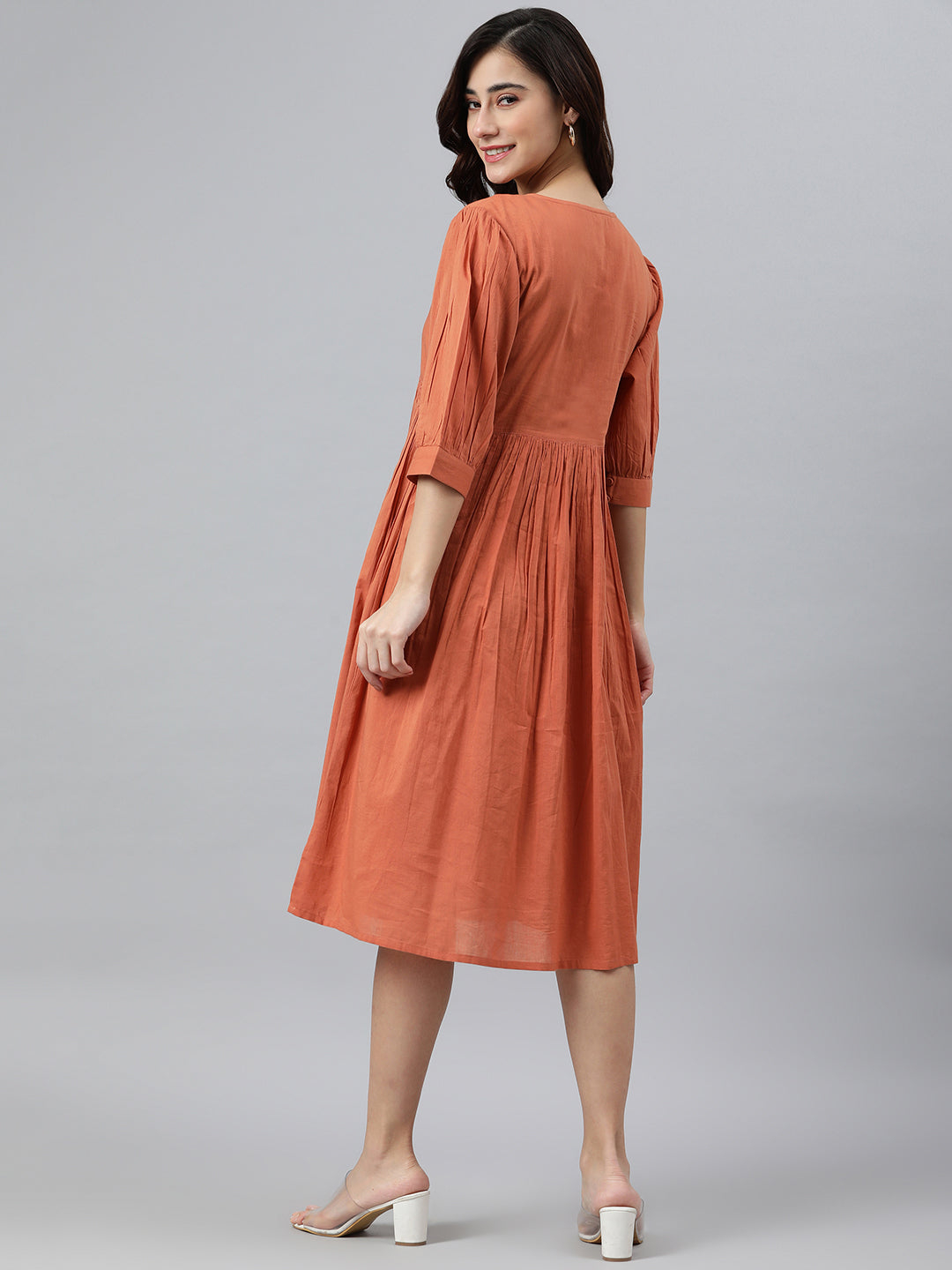 Janasya Women's Coral Orange Cotton Solid Flared Dress