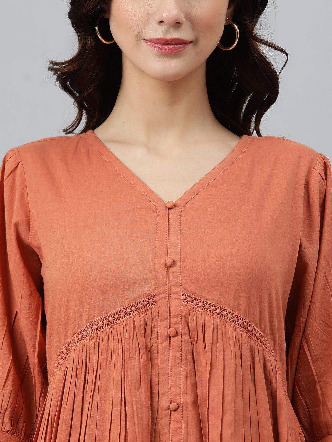 Janasya Women's Coral Orange Cotton Solid Flared Dress