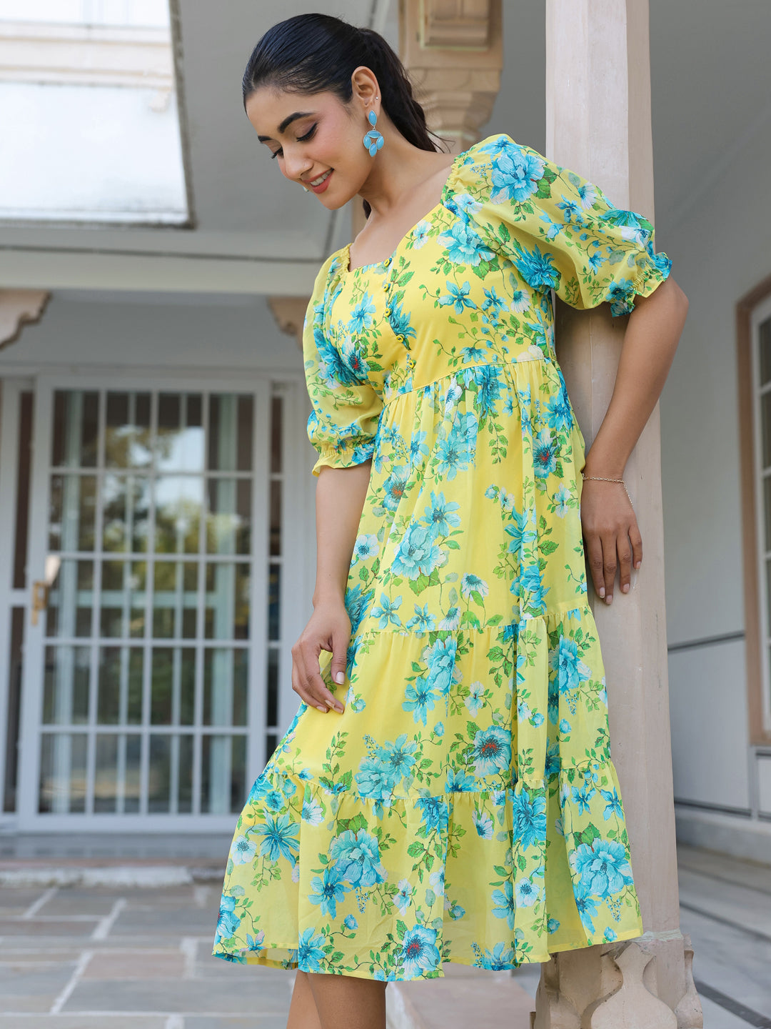 Yellow Georgette Floral Print Flared Western Dress