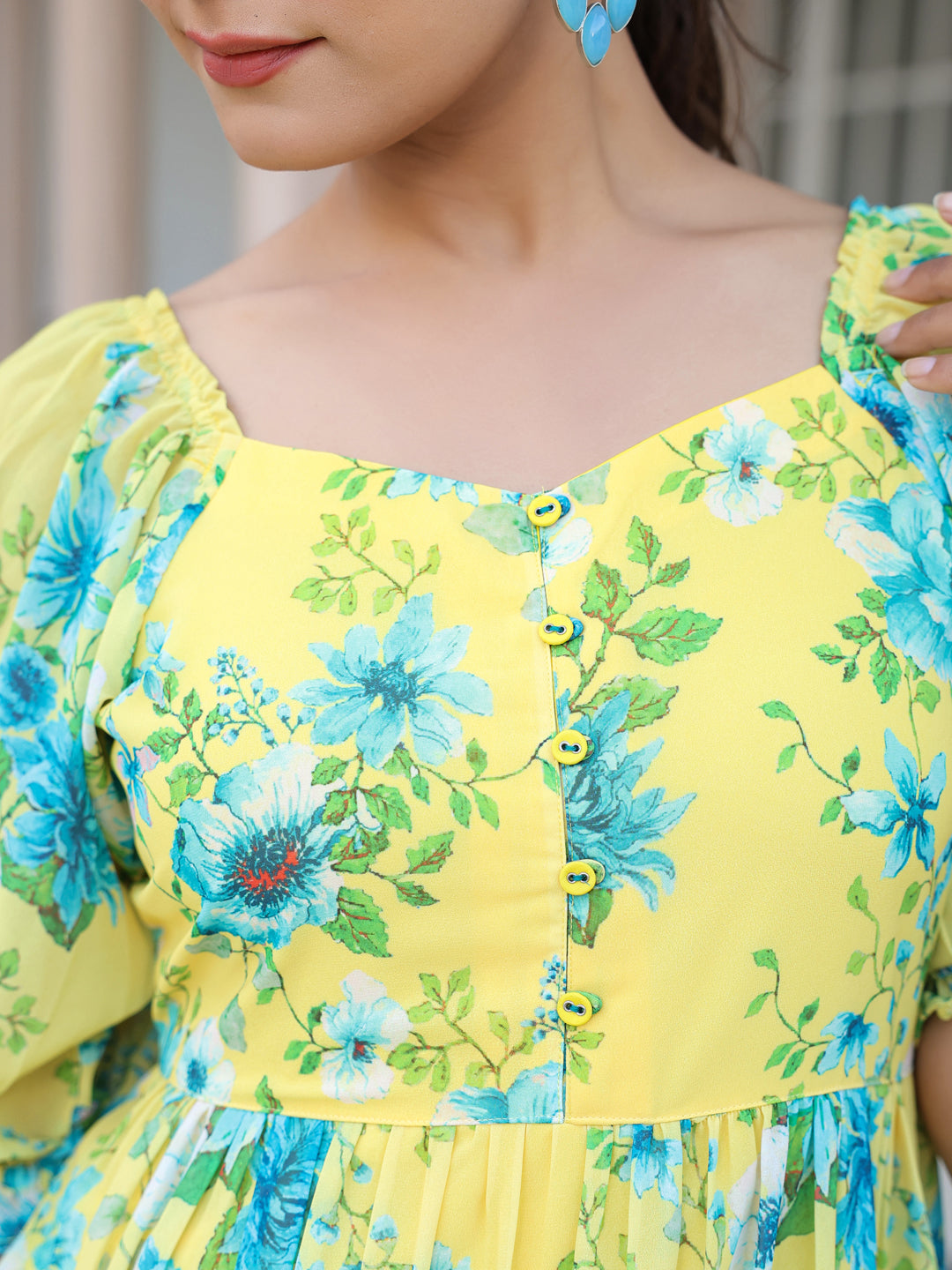 Yellow Georgette Floral Print Flared Western Dress
