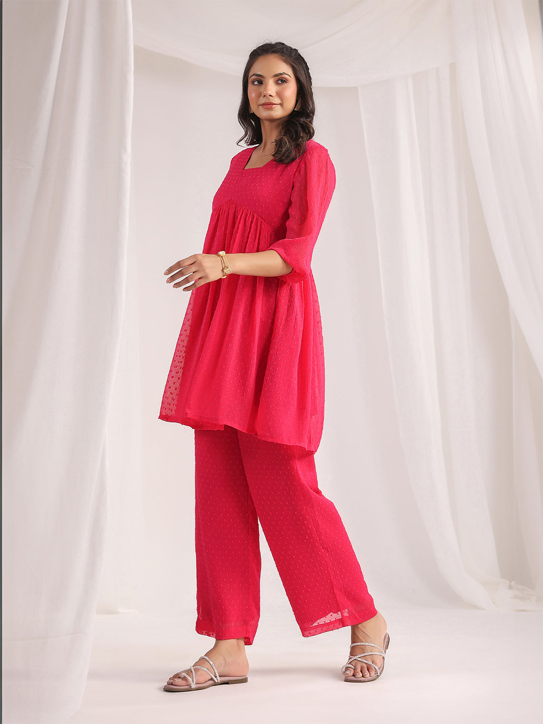 Janasya Women's Pink Dobby Georgette Self Design Gathered Co-ord Set