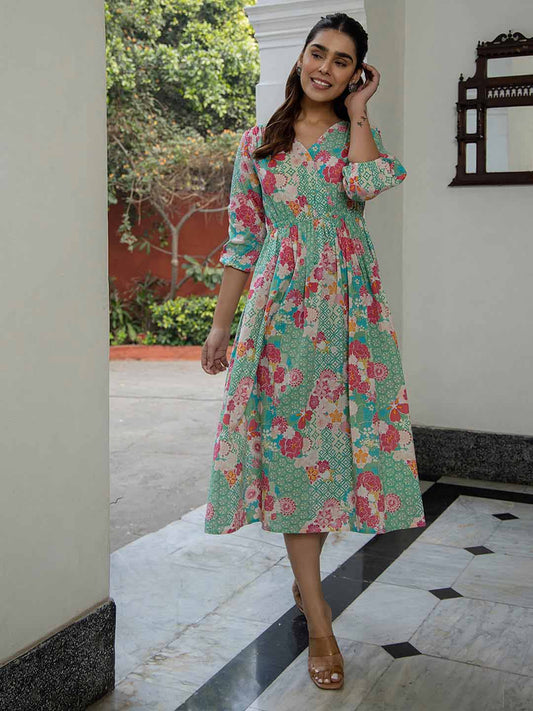Sea Green Cotton Floral Fit & Flare Dress