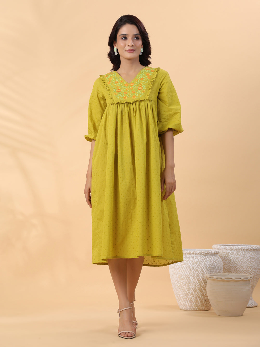 LIme Green Dobby Cotton Pleated Dress