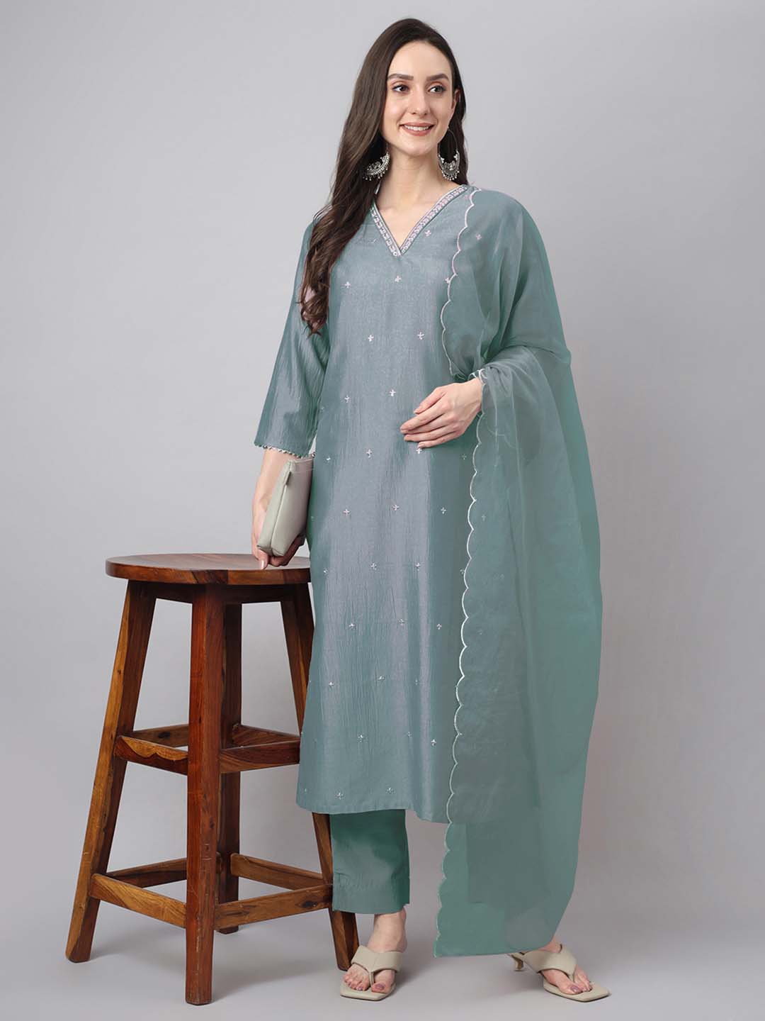 Ice Blue Silk Blend Embroidered Regular Kurta Set