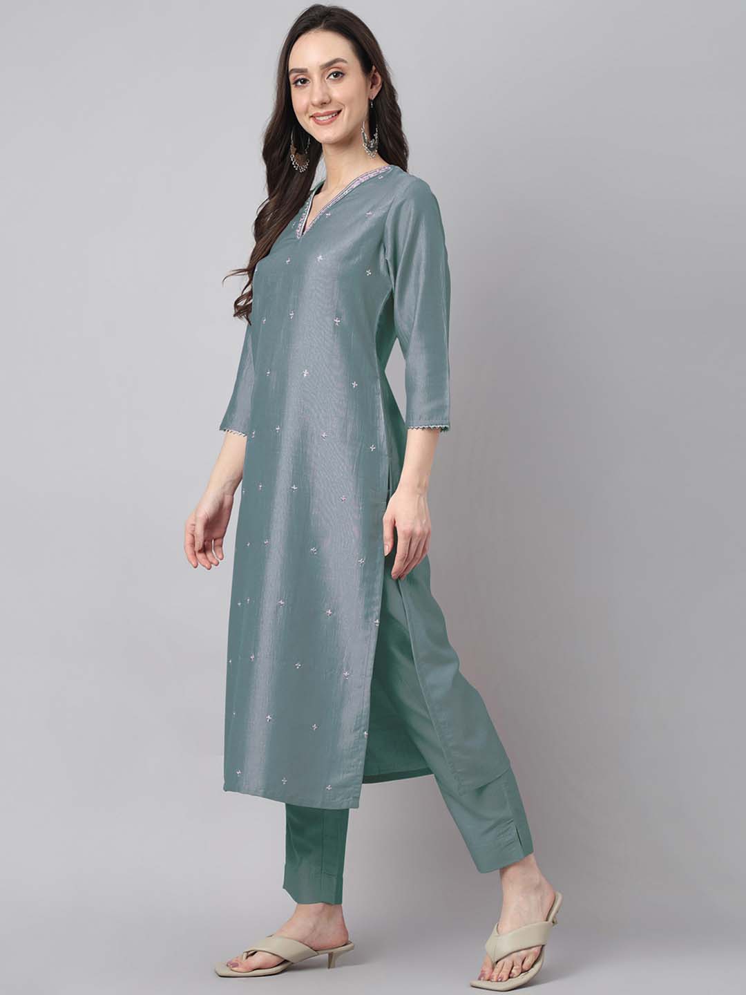 Ice Blue Silk Blend Embroidered Regular Kurta Set