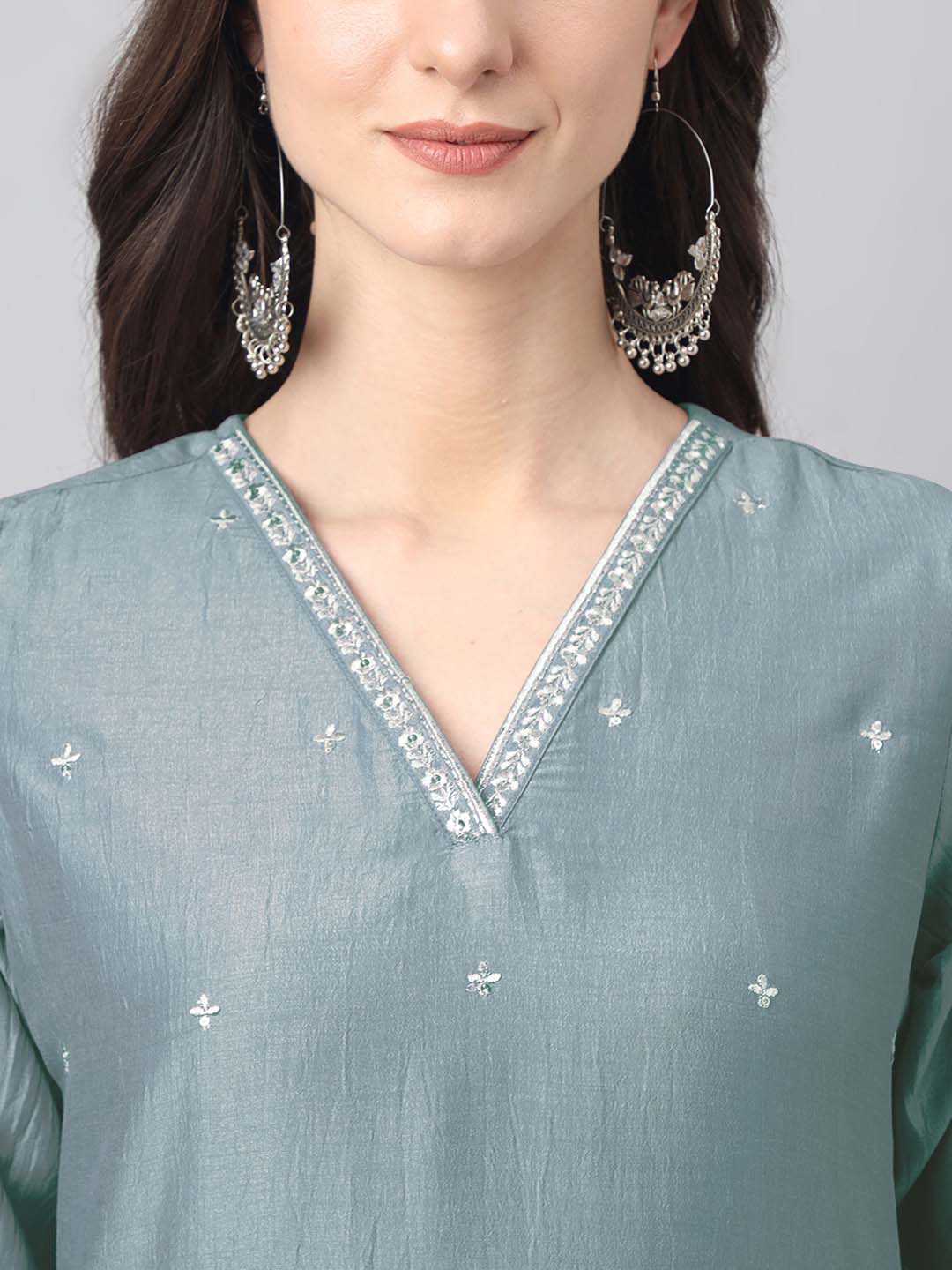 Ice Blue Silk Blend Embroidered Regular Kurta Set