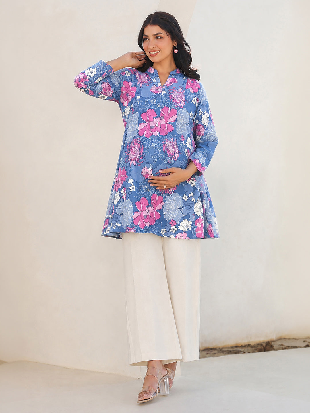 Janasya Women's Maternity Blue Pure Cotton Floral Printed A-Line Tunic