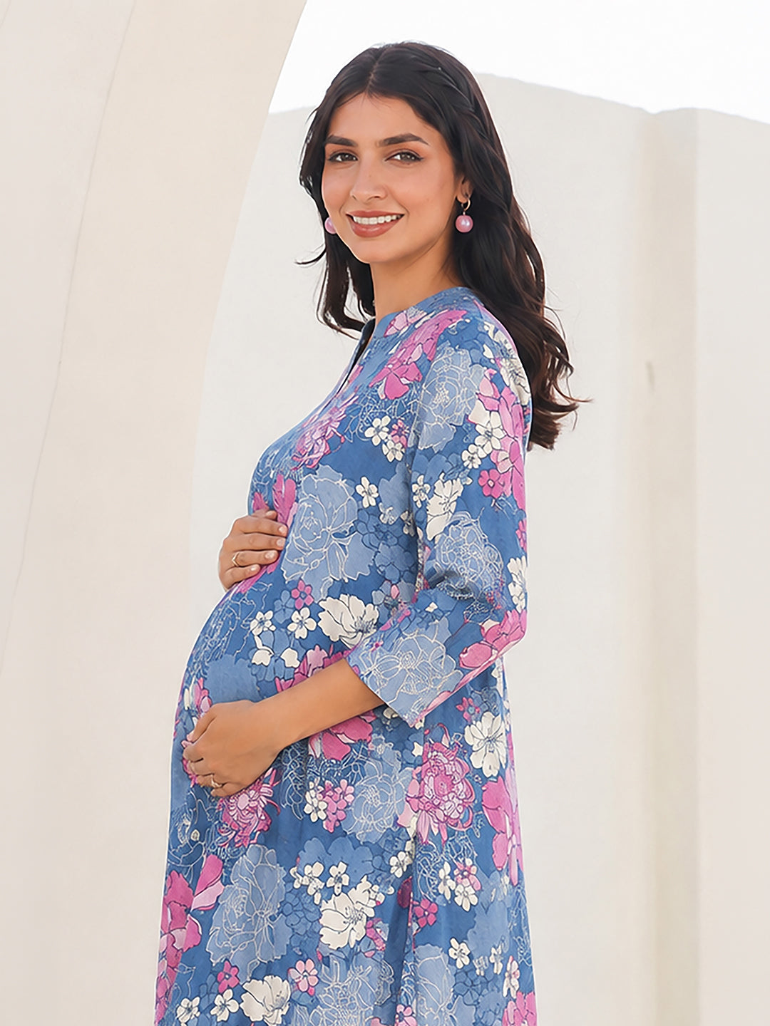 Janasya Women's Maternity Blue Pure Cotton Floral Printed A-Line Tunic