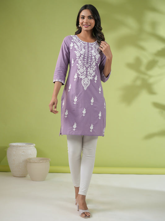 Lavender Cotton Embroidered Regular Tunic