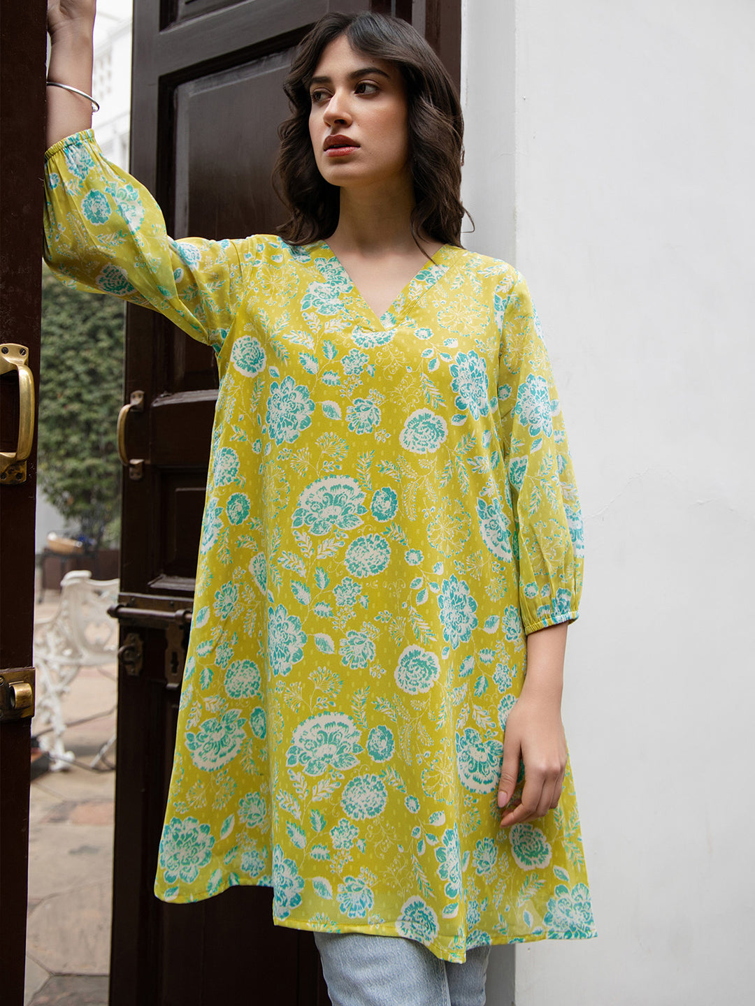 Janasya Women's Lime Yellow Georgette Floral Regular Tunic