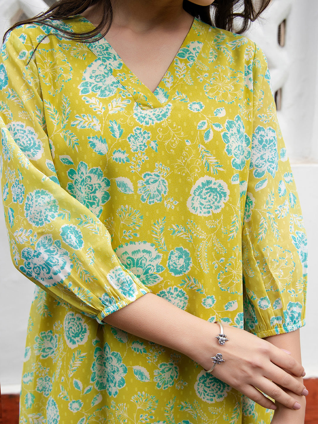 Janasya Women's Lime Yellow Georgette Floral Regular Tunic