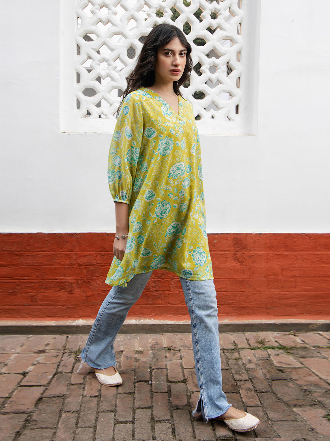 Janasya Women's Lime Yellow Georgette Floral Regular Tunic