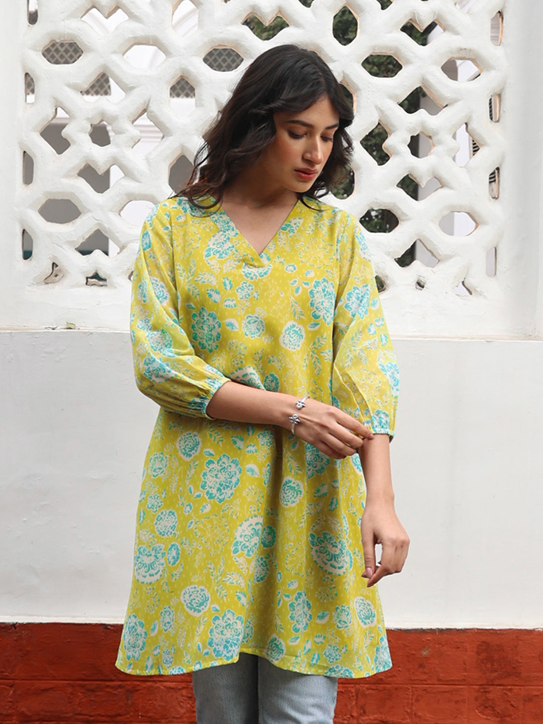 Janasya Women's Lime Yellow Georgette Floral Regular Tunic