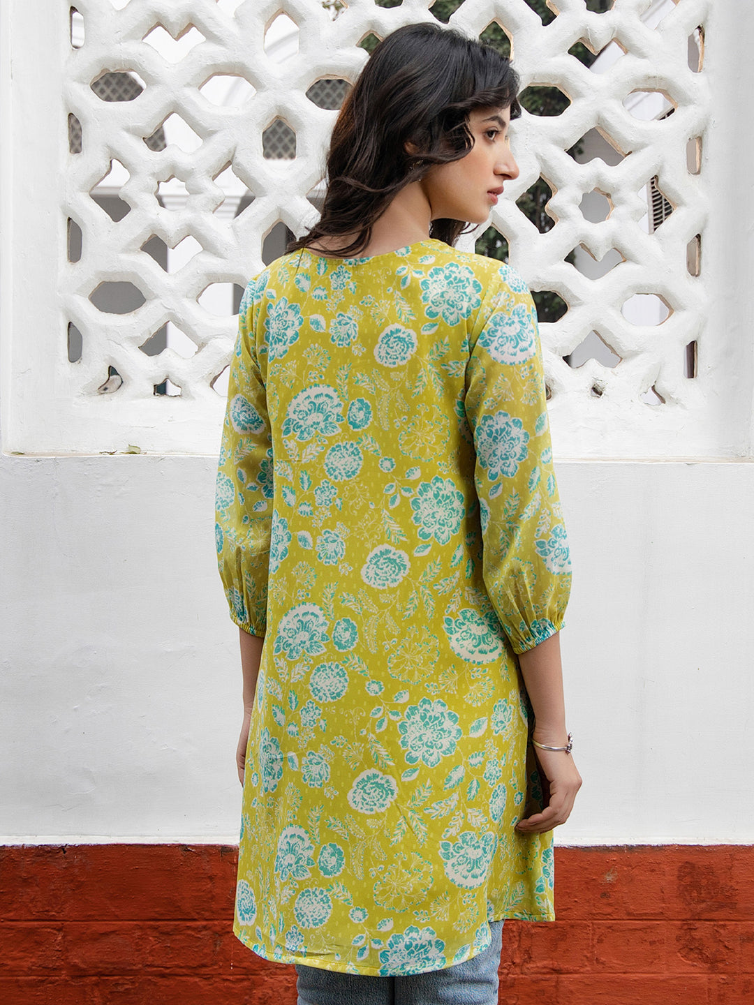Janasya Women's Lime Yellow Georgette Floral Regular Tunic