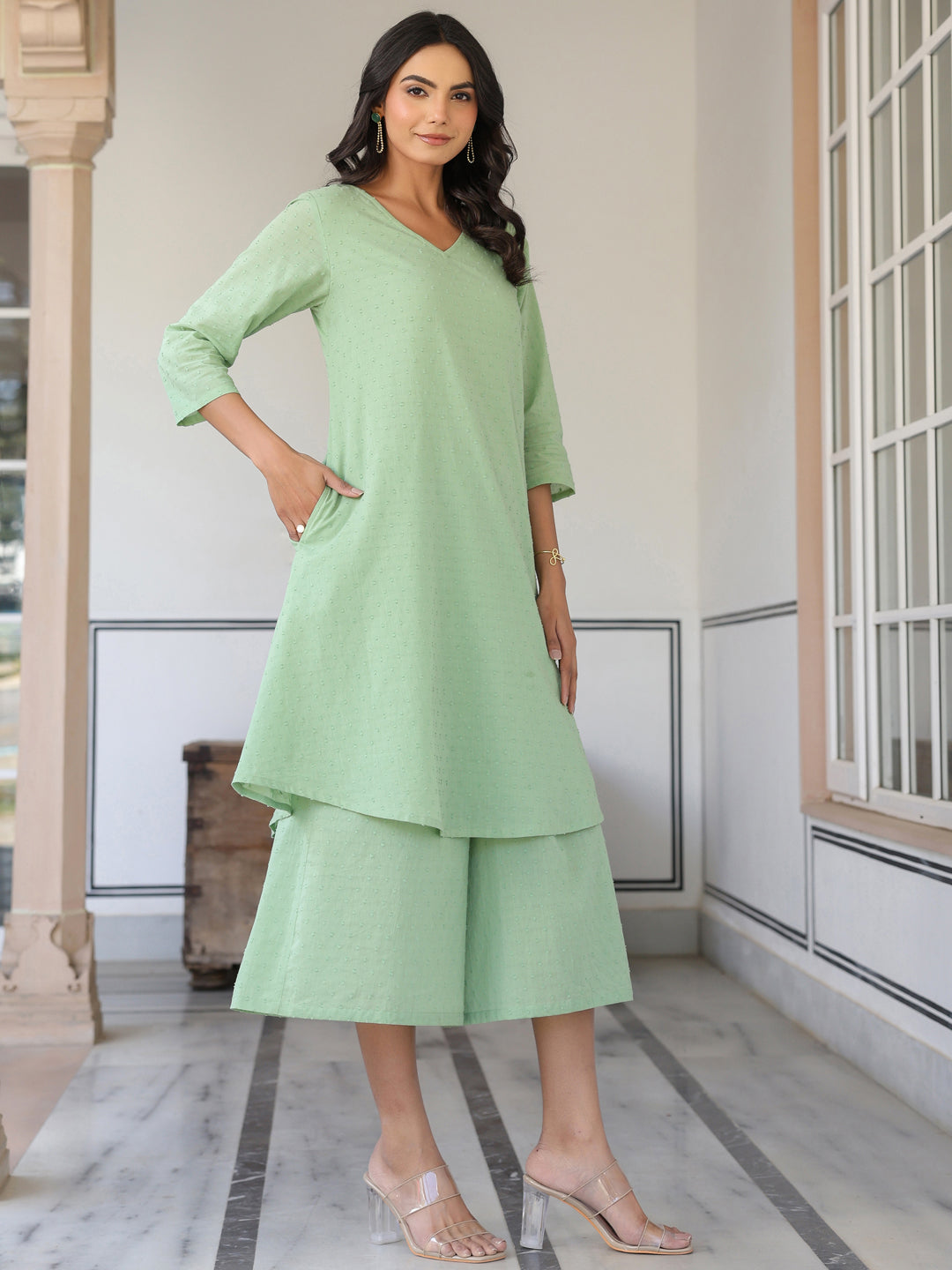 Green Dobby Pure Cotton Self Design A-line Kurta With Cullote Pant Set