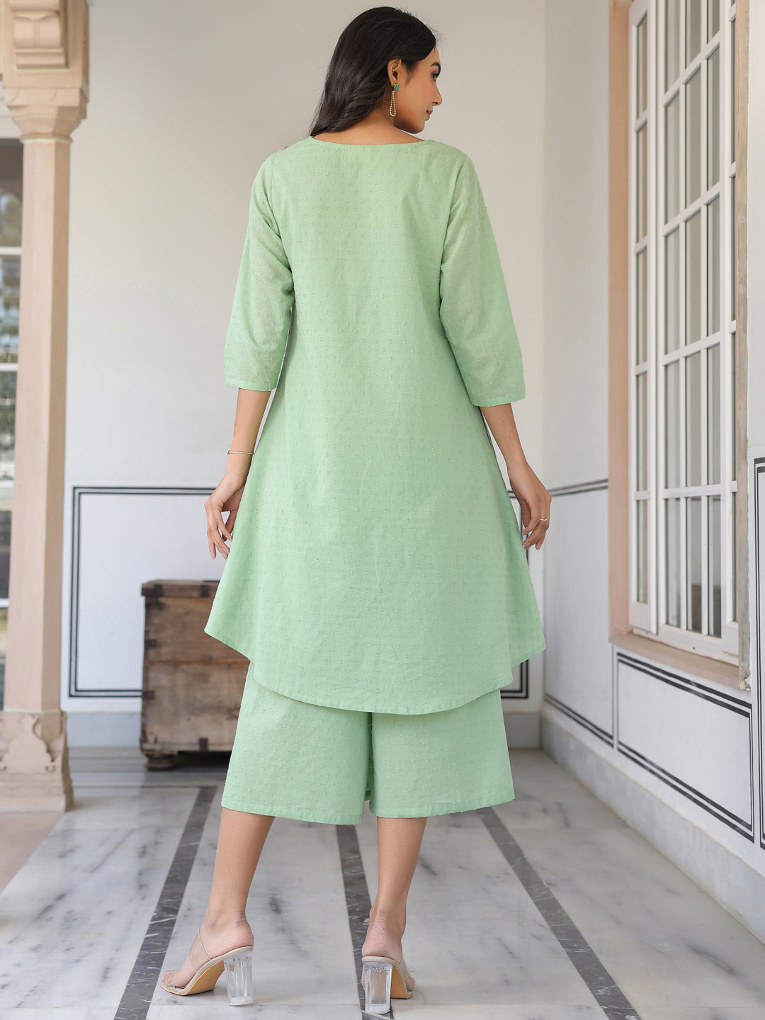 Green Dobby Pure Cotton Self Design A-line Kurta With Cullote Pant Set
