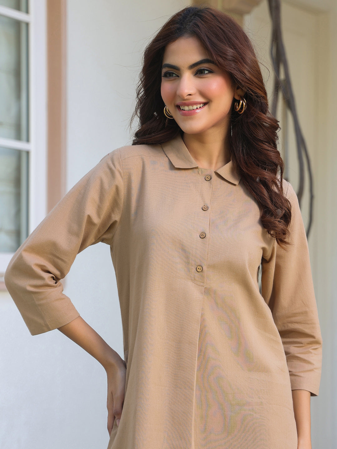 Beige Cotton Solid A-line Co-ord Set