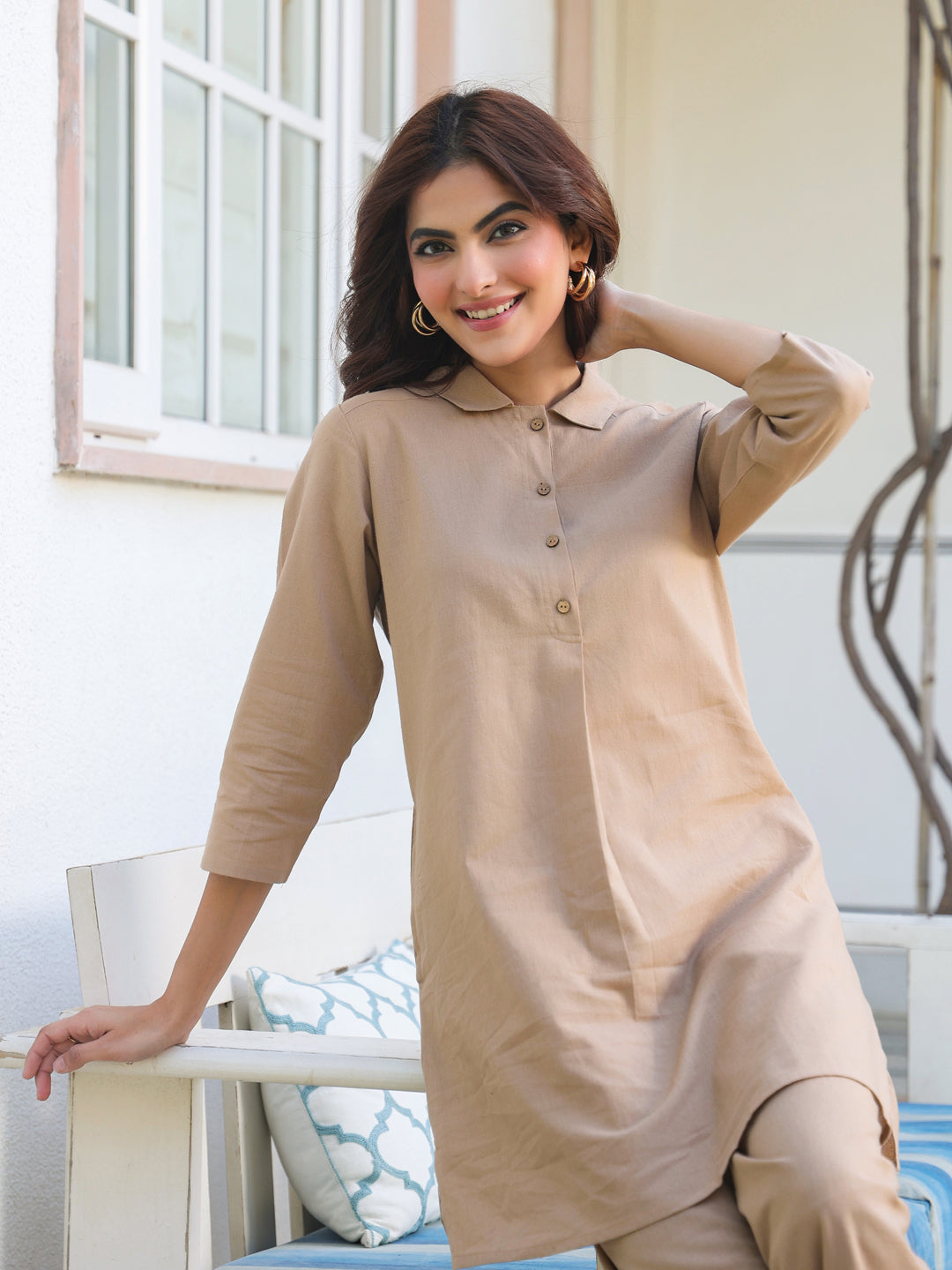 Beige Cotton Solid A-line Co-ord Set