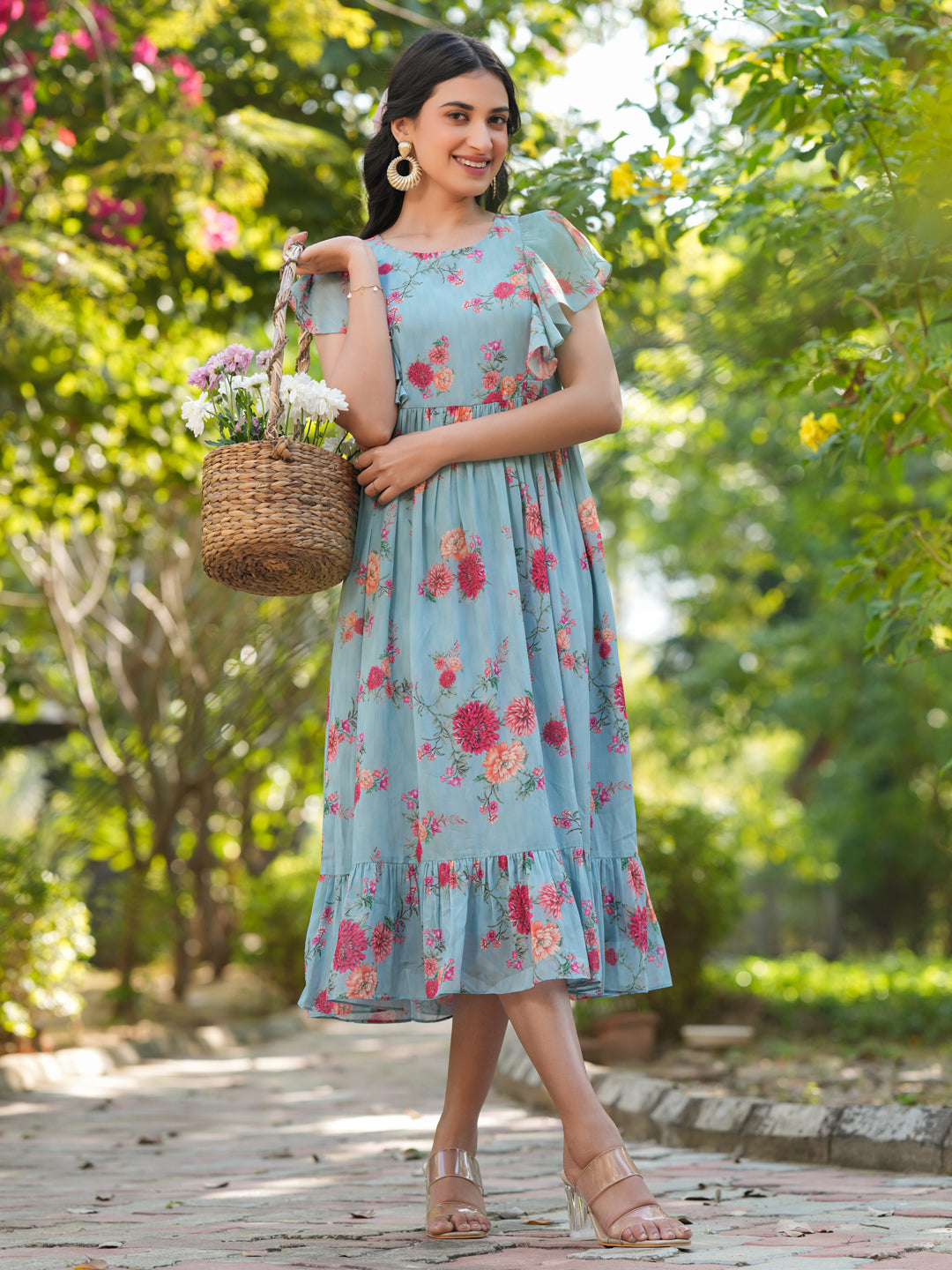 Women Party Wear Designer Blue Colour Heavy Georgette Fabric Flower Printed with Heavy Lace Border