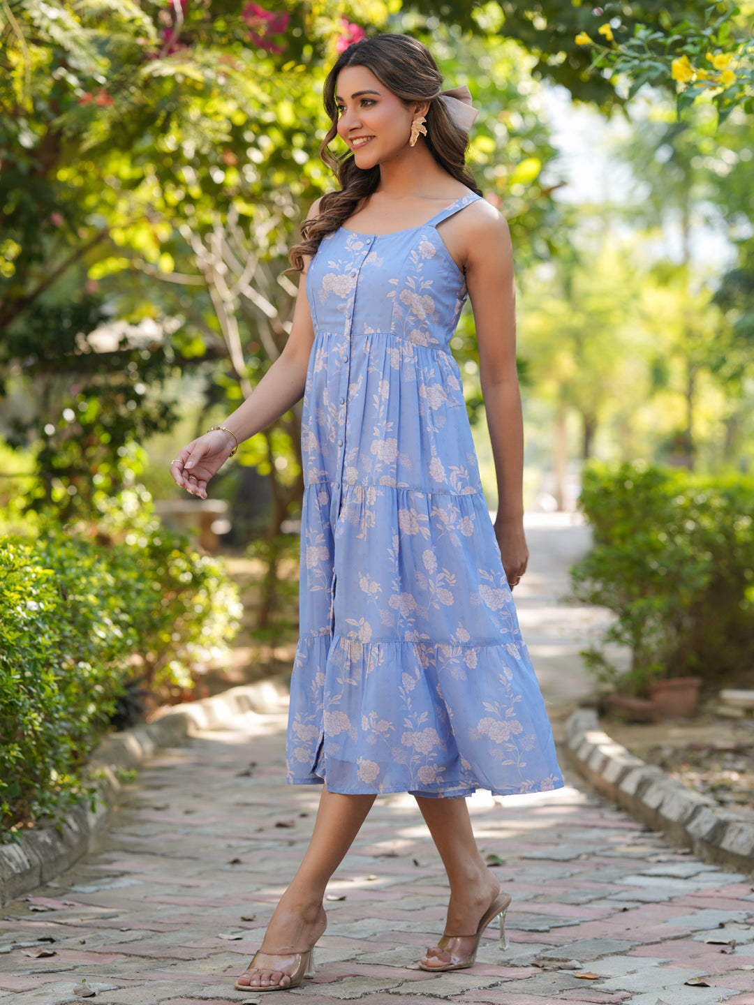 Light Blue Georgette Floral Printed Tiered Dress