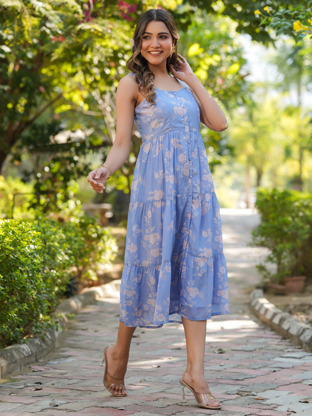 Light Blue Georgette Floral Printed Tiered Dress