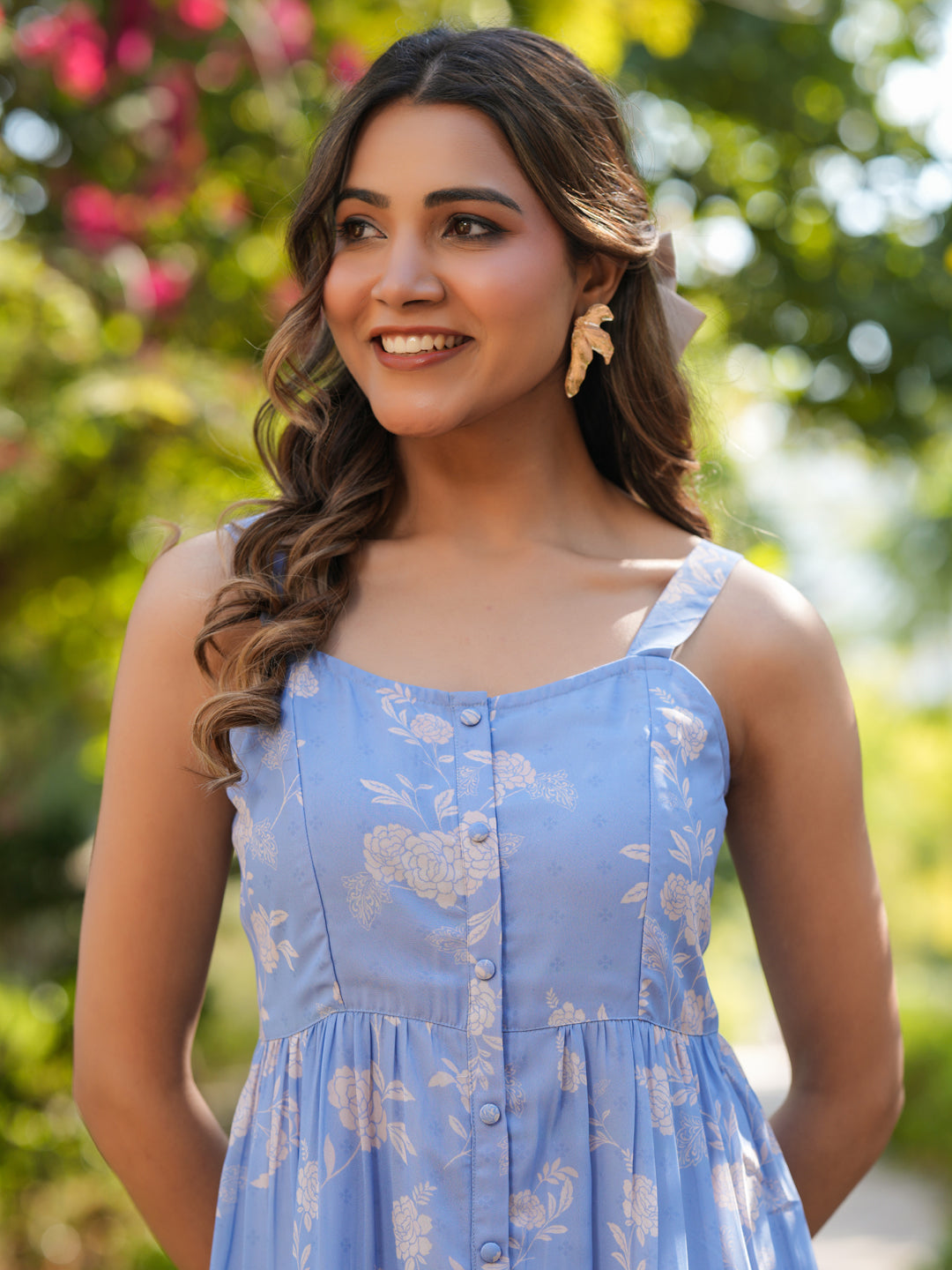 Light Blue Georgette Floral Printed Tiered Dress