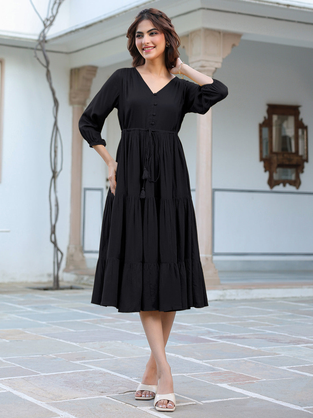 Black Rayon Solid Tiered Dress