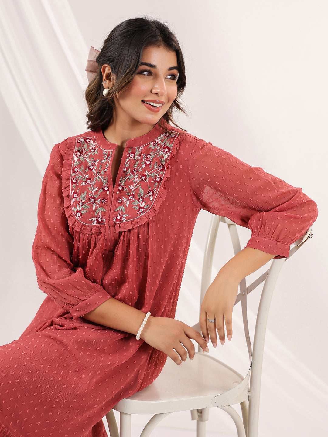 Janasya Women's Mauve Dobby Chiffon Embroidered A line Dress