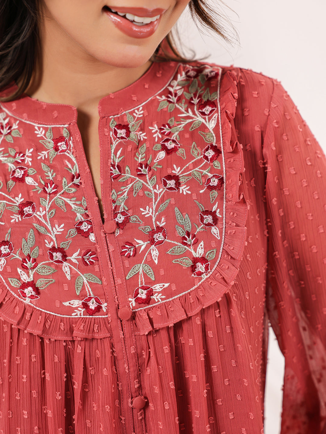 Janasya Women's Mauve Dobby Chiffon Embroidered A line Dress