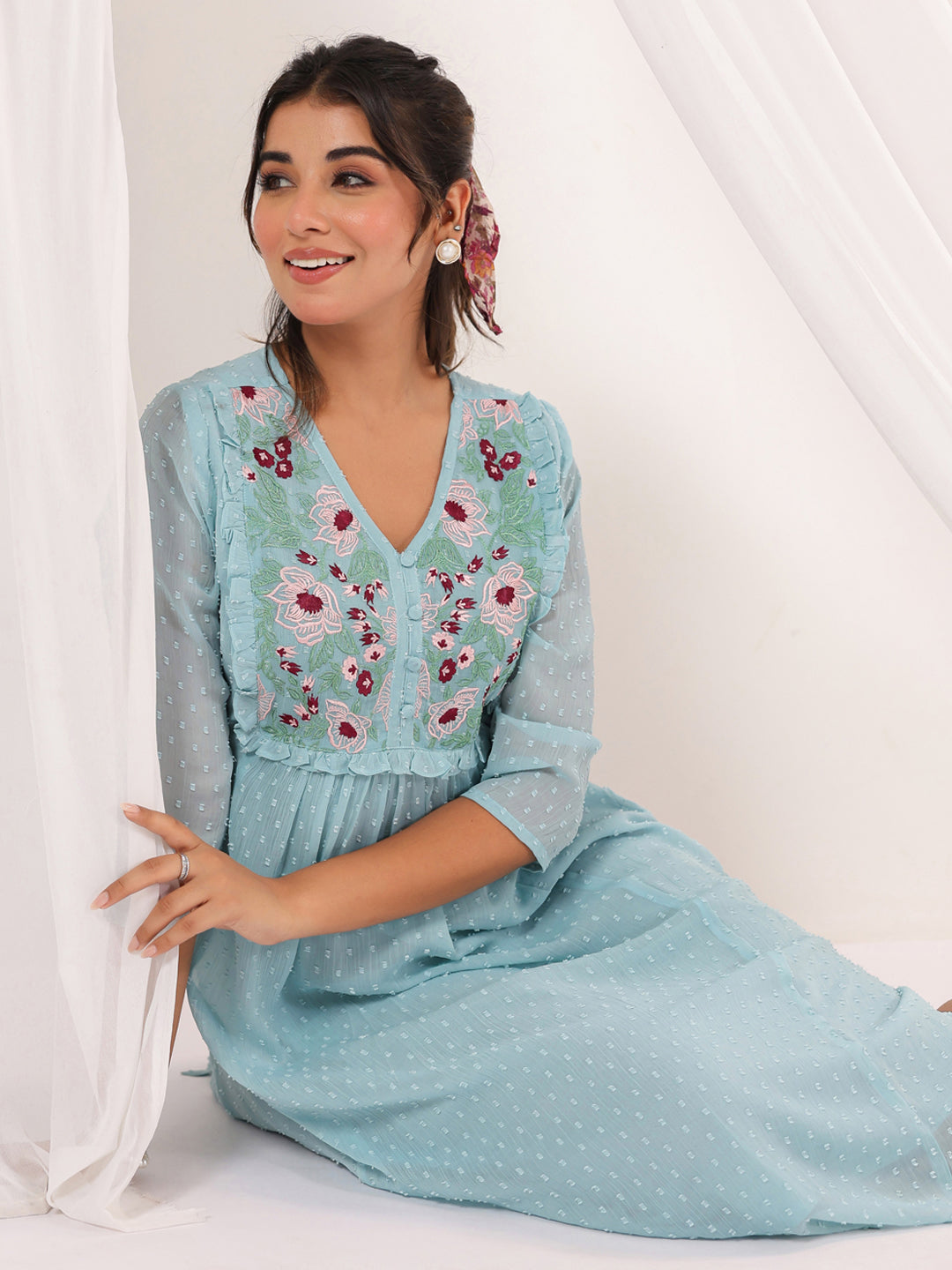 Janasya Women's Light Blue Dobby Chiffon Embroidered A-line Dress